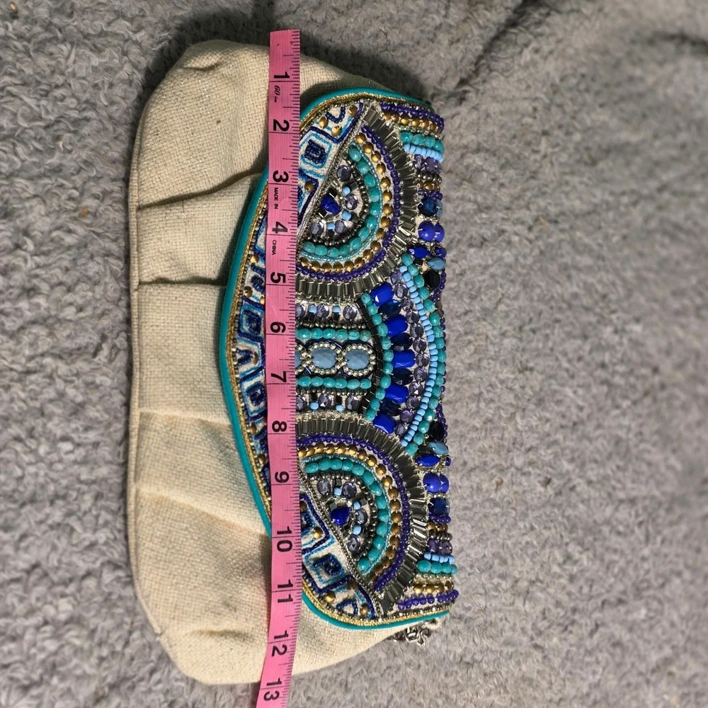 Chico's Clutch Bag‎ Beige Blue Beaded Turquoise Green Coastal Bohemian Purse